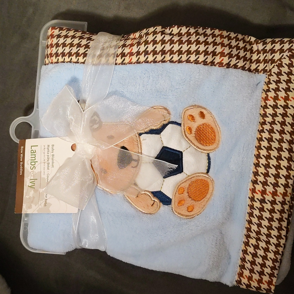 Dog & soccer ball baby blanket NWT